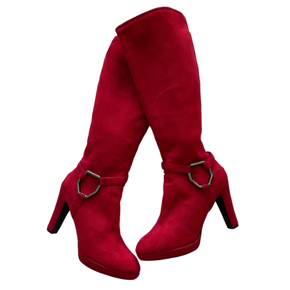 Coach and Four Shoes - COACH And FOUR Faux Red Suede Platform Boots with Buckle. Like new. Size…
